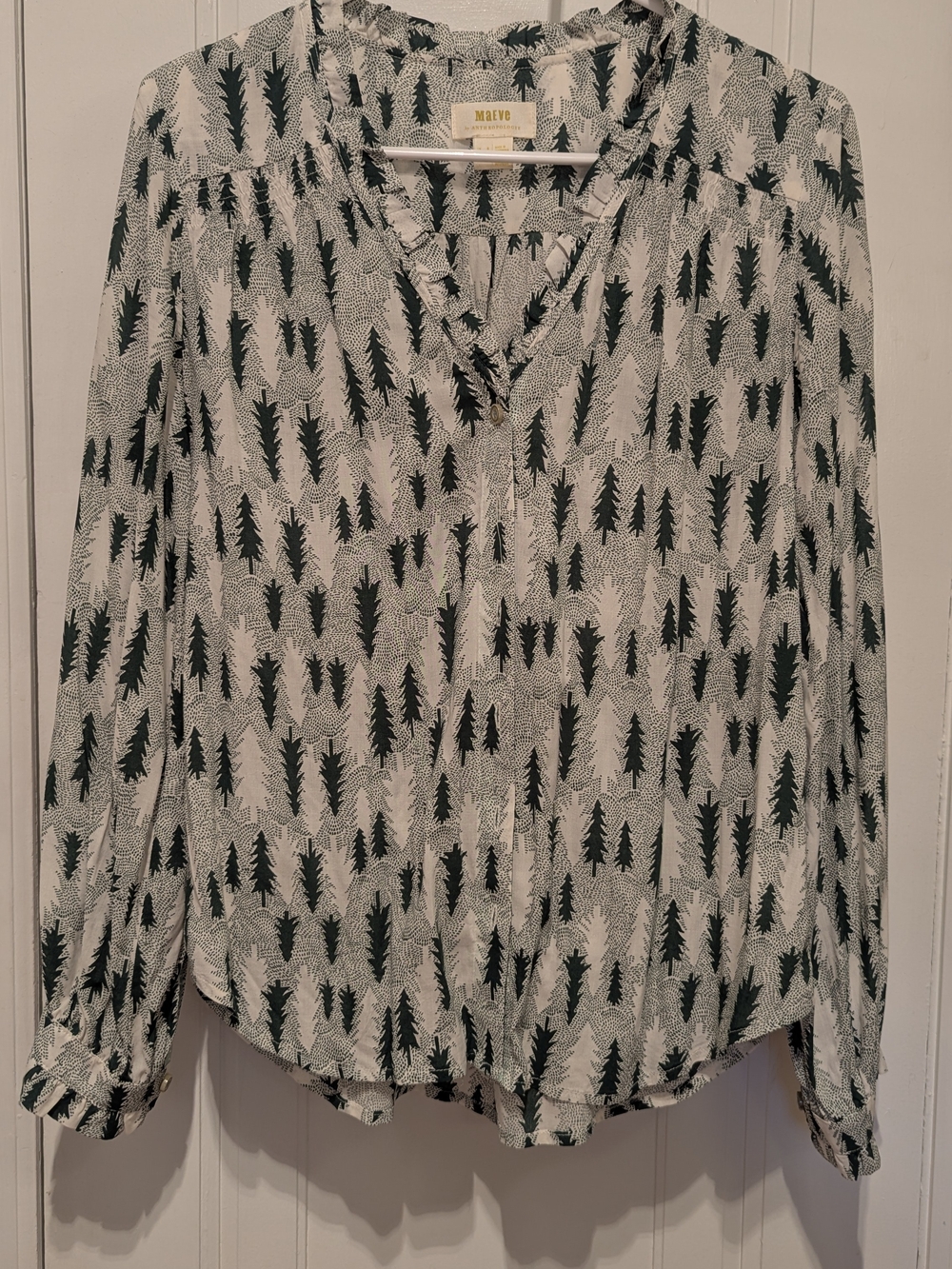 Maeve By Anthropologie Ecru White Blouse with Forest Green Evergreen Tree Print